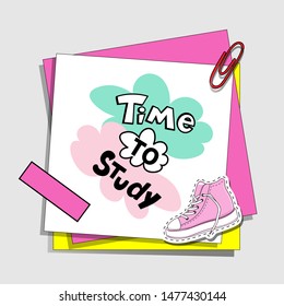 Sheets of paper with inscription time to study for school on a gray background