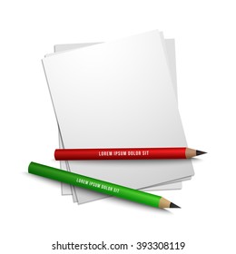 Sheets of paper isolated on white background. Vector illustration. Red and green pencils.  Back to school backdrop. 