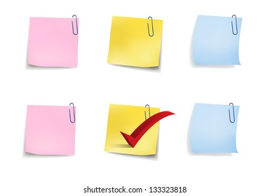 Sheets of paper on paper clips on a white background. Vector illustration.