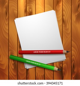 Sheets of paper on wooden background. Vector illustration. Red and green pencils. Back to school backdrop. 