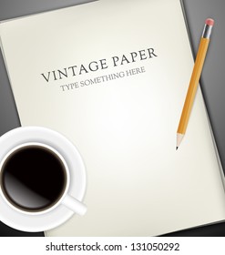 Sheets of paper, pencil and cup of coffee on gray desk
