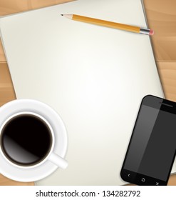 Sheets Of Paper, Pencil, Cup Of Coffee And Smartphone On Table