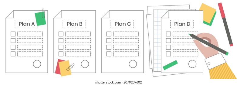 Sheets of paper with plan A, plan B and C on white background. Hand with a pen. Business strategy development. Searching solution problem concept. Vector