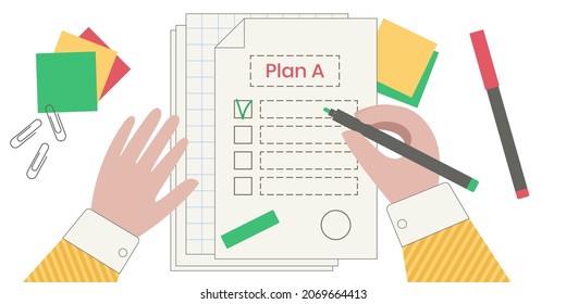 Hojas de papel con el plan A. Plan de negocios. Mano con un bolígrafo. Elaboración de estrategias. Buscando concepto de problema de solución. Ilustración del vector sobre fondo blanco