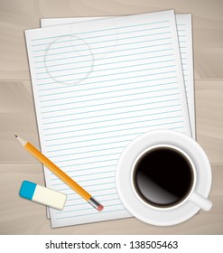 Sheets of paper, rubber, pencil and coffee mug on wooden desk