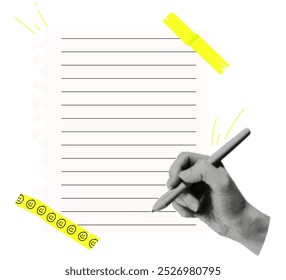 Feuilles de papier avec scotch tape et aiguilles demi-teintes avec stylo.