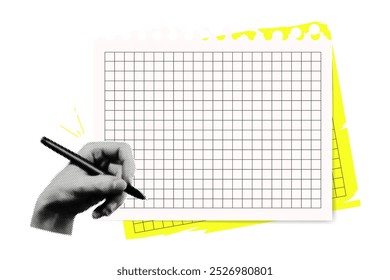 Sheets of paper with scotch tape and halftone hands with pen.