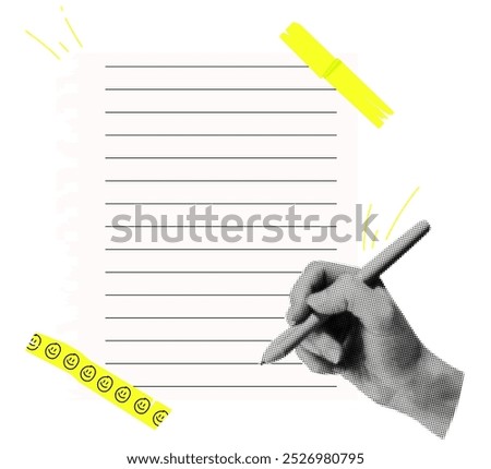 Sheets of paper with scotch tape and halftone hands with pen.