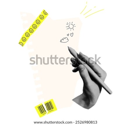 Sheets of paper with scotch tape and halftone hands with pen.