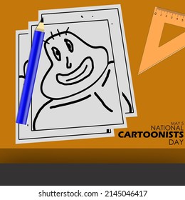 Sheets of paper with sketches of cartoons with pencil and ruler on the brown table and texts, National Cartoonists Day May 5