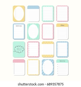 Sheets of paper. Template notepad. Collection of various note papers. Cute design elements. Vector illustration