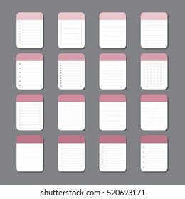 Sheets of paper. Template notepad design. Collection of various note papers. Vector illustration