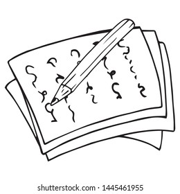 Sheets of paper with text, documents with pen icon. Vector illustration of blank, letter, text on paper with pen. Hand drawn exam sheet and pen, pencil.