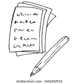 Sheets of paper with text, documents with pen icon. Vector illustration of blank, letter, text on paper with pen. Hand drawn exam sheet and pen, pencil.