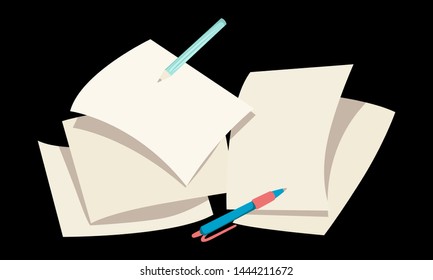 Sheets of paper for text and a page for drawings, a set of a sketch artist. Vector cartoon flat illustration on a black background.