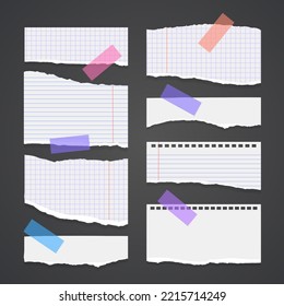 Sheets of paper. Torn paper strips set. Vector illustration on a dark background. 