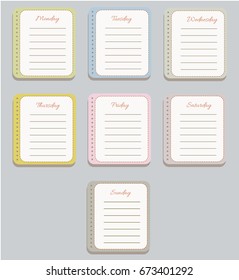 The sheets of the planner in a cute dashed line. Diary.To Do List. The names of the days of the week. The Style Of Provence. Gentle colors. Vector illustration. 