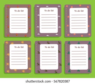 The sheets of the planner in the cute little symbols of nature. To Do Lists. Bright colors. A light green background. Vector illustration. 