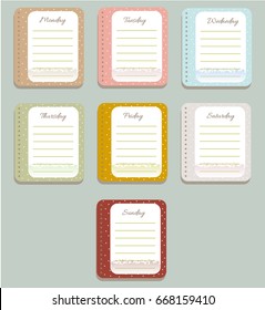 The sheets of the planner in a cute polka dots. Diary.To Do List. The names of the days of the week. Cute texture. The Style Of Provence. Gentle colors. Vector illustration. 
