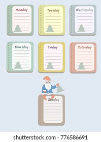 The sheets of the planner for weekly planning with the names of the days of the week and Christmas trees. Santa Claus. Diary.Vector illustration. 