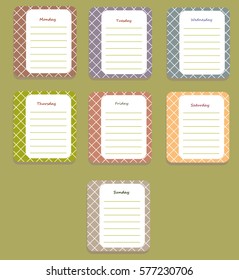 The sheets of the planner for weekly planning in a pretty box with the names of the days of the week. Diary.Vector illustration. 