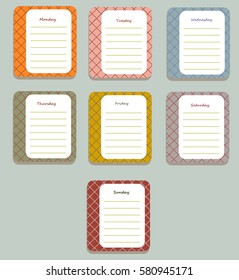 The sheets of the planner for weekly planning in a pretty box with the names of the days of the week. Diary.Vector illustration. 