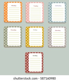 The sheets of the planner for weekly planning in a pretty patterned box with the names of the days of the week. Diary.Vector illustration. 