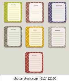 The sheets of the planner for weekly planning in a pretty box with the names of the days of the week. Diary.Vector illustration.