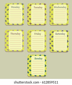 The sheets of the planner for weekly planning in a pretty box with the names of the days of the week. Diary.Vector illustration.