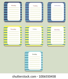 The sheets of the planner for weekly planning in sweet stripes with the names of the days of the week. Diary.Vector illustration. 