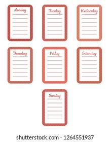 The sheets of the planner for weekly planning in sweet little white polka dots with the names of the days of the week in trendy coral color on the white background. Diary.Vector illustration