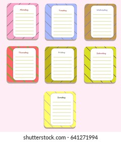 The sheets of the planner for weekly planning in sweet stripes with the names of the days of the week. Diary.Vector illustration.