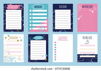 Sheets template for organizer, planner, to do list with space background, elements of stars and planets. Flat vector illustration of a set of schedule pages.