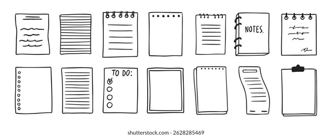sheets various notebooks doodle hand drawn outline set. paper with stripes or dots, blank collection. Notebooks reminder, memory sketch pages. notes sheet. Vector illustration