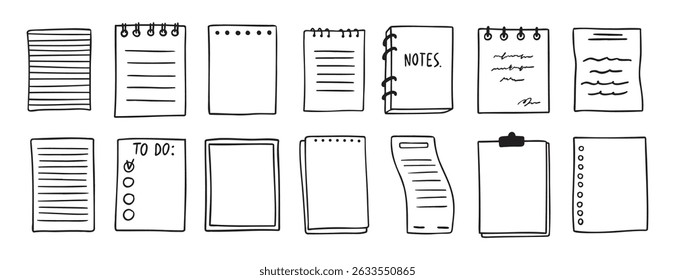 sheets various notebooks doodle hand drawn outline set. paper with stripes or dots, blank collection. Notebooks reminder, memory sketch pages. notes sheet. Vector illustration