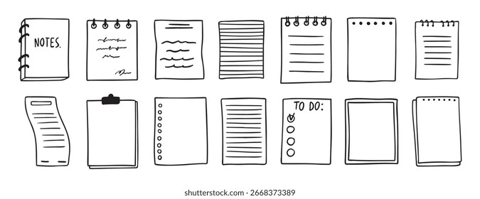 folhas vários cadernos rabiscar conjunto de contornos desenhado à mão. papel com listras ou pontos, coleção em branco. Lembrete de blocos de anotações, páginas de esboço de memória. folha de anotações. Ilustração vetorial