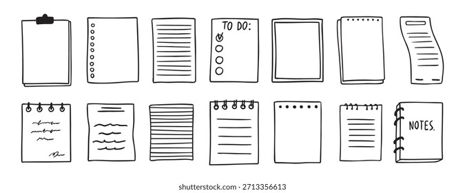 folhas vários cadernos rabiscar conjunto de contornos desenhado à mão. papel com listras ou pontos, coleção em branco. Lembrete de blocos de anotações, páginas de esboço de memória. folha de anotações. Ilustração vetorial