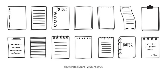 Folhas Vários cadernos Doodle mão desenhado conjunto de contorno. papel com listras ou pontos, coleção em branco. Lembrete de cadernos, páginas de esboço de memória. folha de notas. Ilustração vetorial