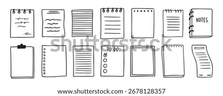 sheets various notebooks doodle hand drawn outline set. paper with stripes or dots, blank collection. Notebooks reminder, memory sketch pages. notes sheet. Vector illustration