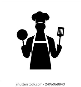 Shef hand holding pan silhouette on white background. Shef icon sign vector illustration design.
