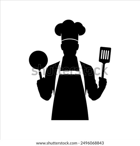 Shef hand holding pan silhouette on white background. Shef icon sign vector illustration design.
