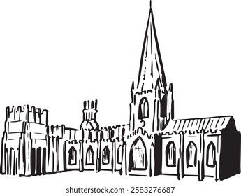 Catedral de Sheffield, Sheffield, Inglaterra sketch en tinta blanca y negra. Impresionante arquitectura gótica con intrincada cantería e importancia histórica.  Turismo, viajes y patrimonio cultural 