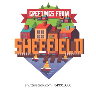 Sheffield in England is Beautiful city to visit on holiday, vector cartoon illustration