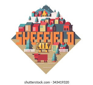 Sheffield in England is Beautiful city to visit on holiday, vector cartoon illustration
