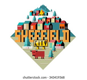 Sheffield in England is Beautiful city to visit on holiday, vector cartoon illustration