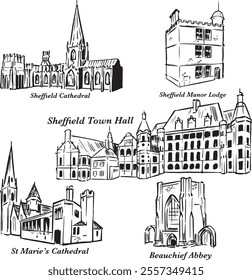 Sheffield landmarks ink illustrations. Cathedral, Town Hall, Abbey old architecture sites drawing. Black and white vector drawings set. Buildings, houses, tourist attraction theme.