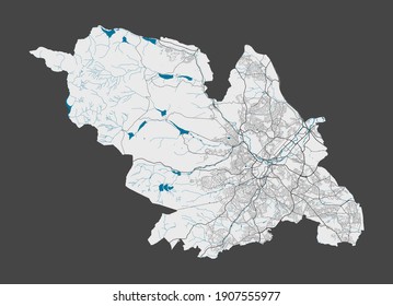 Sheffield map. Detailed map of Sheffield city administrative area. Cityscape panorama. Royalty free vector illustration. Outline map with highways, streets, rivers. Tourist decorative street map.