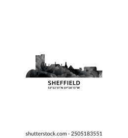 Panorama de Sheffield, insignia de Vector, logotipo e ícono del horizonte. Logotipo del horizonte de la ciudad de South Yorkshire, Reino Unido, Inglaterra, con Lugares famosos y siluetas de construcción. Gráfico de gradiente abstracto brumoso aislado