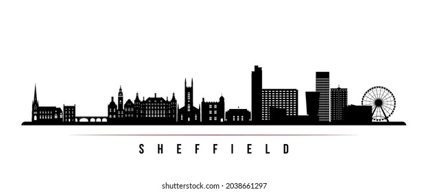 Banner horizontal en el horizonte de Sheffield. Silueta blanca y negra de Sheffield, Reino Unido. Plantilla de vectores para su diseño. 