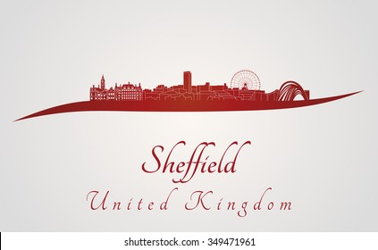 Sheffield skyline in red and gray background in editable vector file